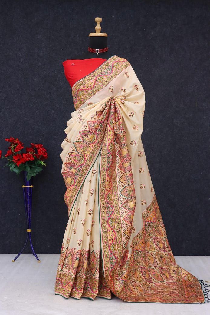 Royal Paithani Elegance Soft Silk Saree with Pashmina Weaving & Contrast Border - OFF WHITE