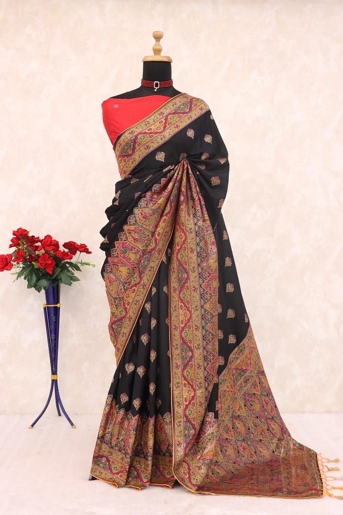 Royal Paithani Elegance Soft Silk Saree with Pashmina Weaving & Contrast Border - BLACK
