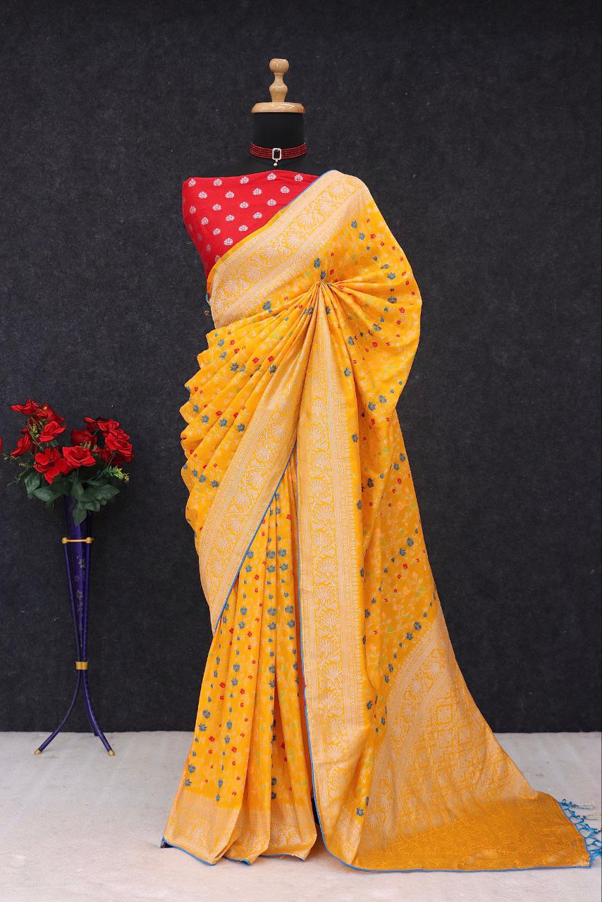 Traditional Paithani Soft Silk Saree with Elegant Pashmina Butti Weaving - YELLOW