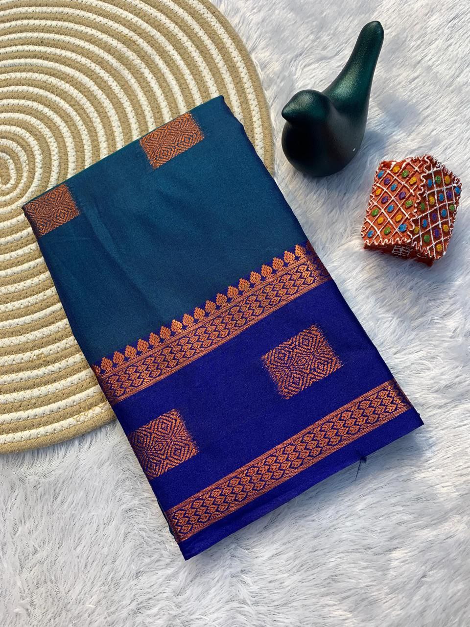 Contrast Border Traditional Silk Saree - BLUE