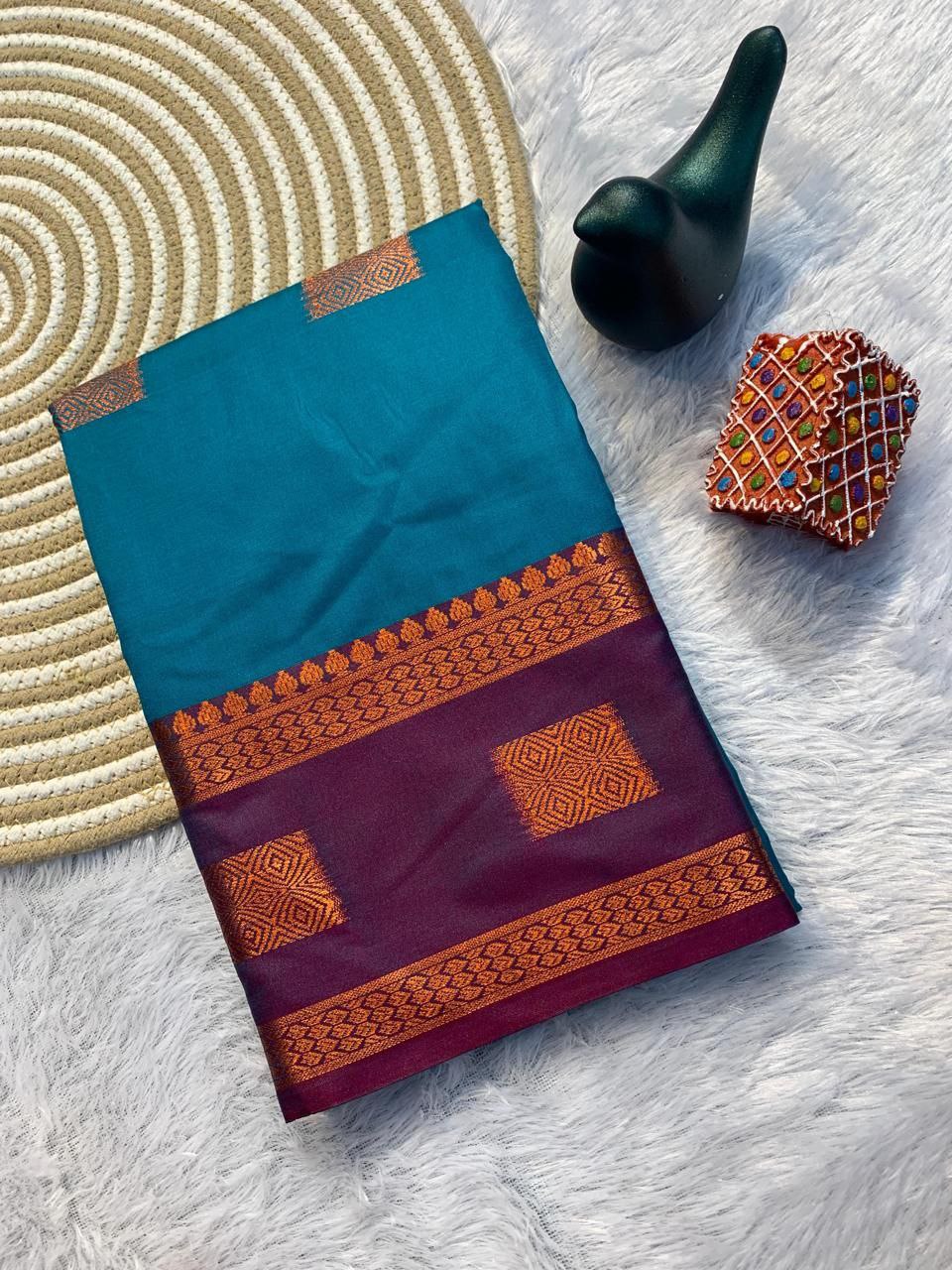 Contrast Border Traditional Silk Saree - SKY BLUE