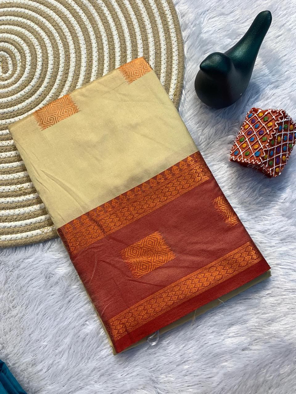 Contrast Border Traditional Silk Saree - CREAM
