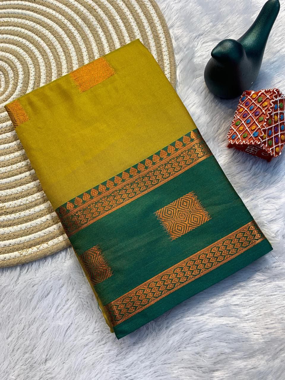 Contrast Border Traditional Silk Saree - YELLOW