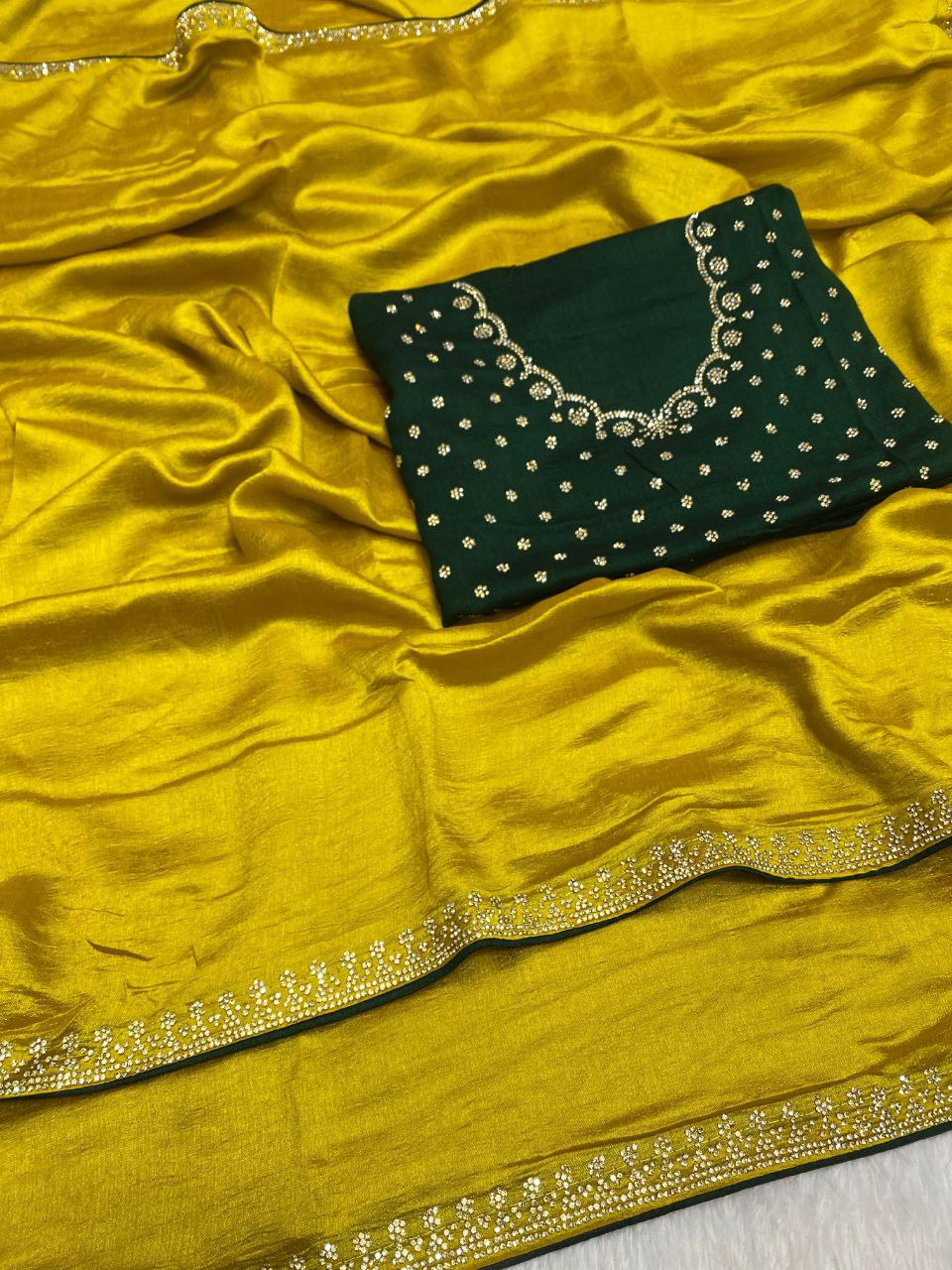 Elegant Vichitra Saree with Jharkan Border Work & Contrast Designer Blouse - YELLOW