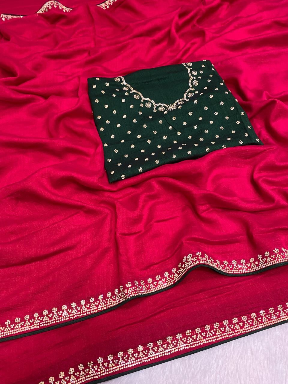 Elegant Vichitra Saree with Jharkan Border Work & Contrast Designer Blouse - PINK