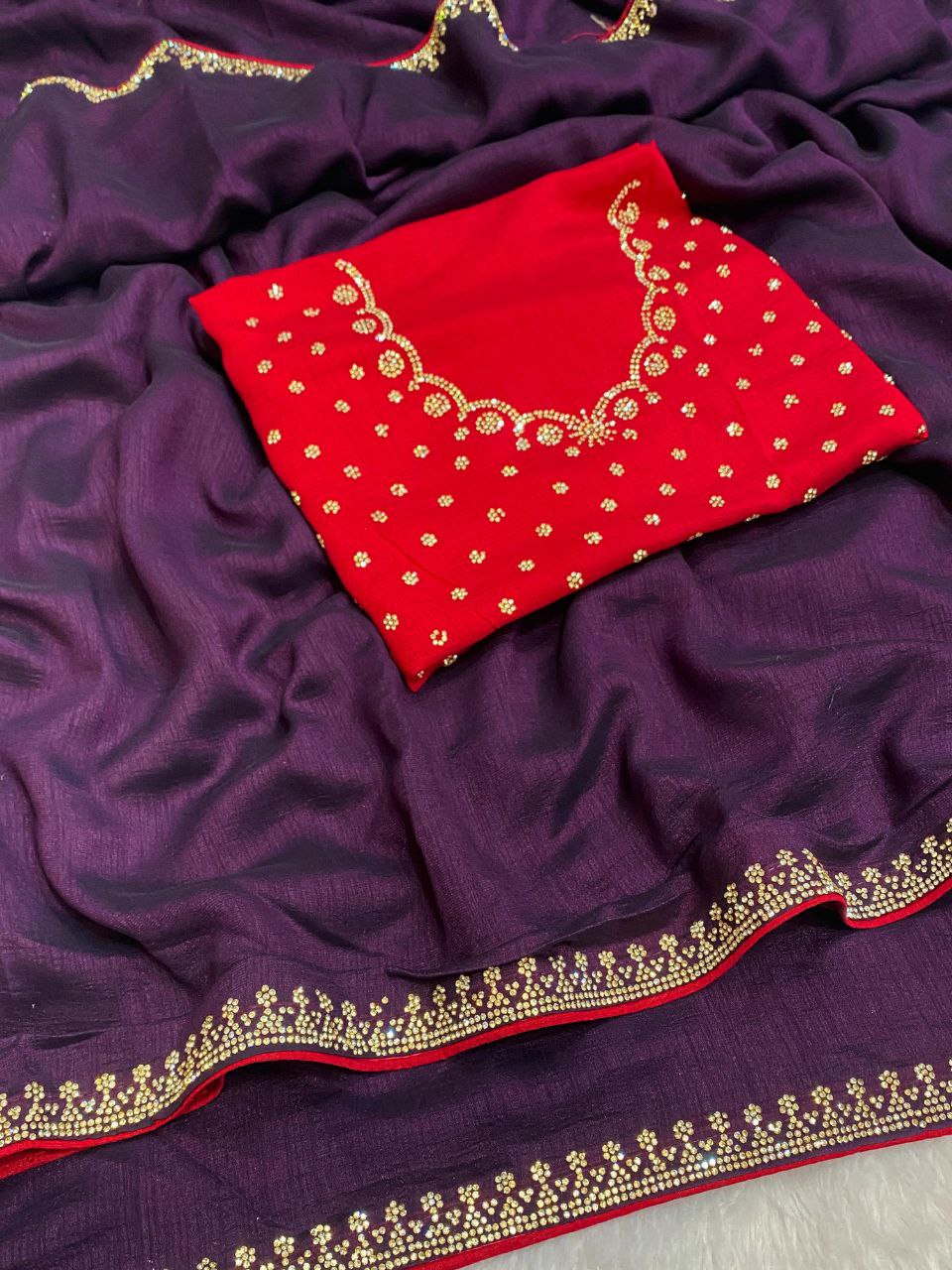 Elegant Vichitra Saree with Jharkan Border Work & Contrast Designer Blouse - PURPLE