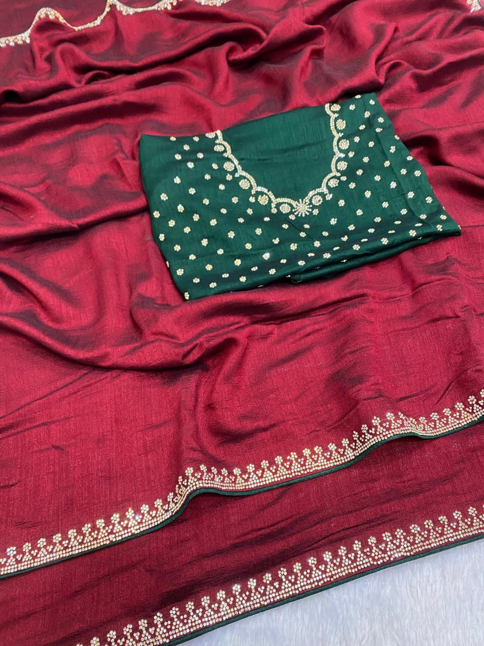 Elegant Vichitra Saree with Jharkan Border Work & Contrast Designer Blouse - RED