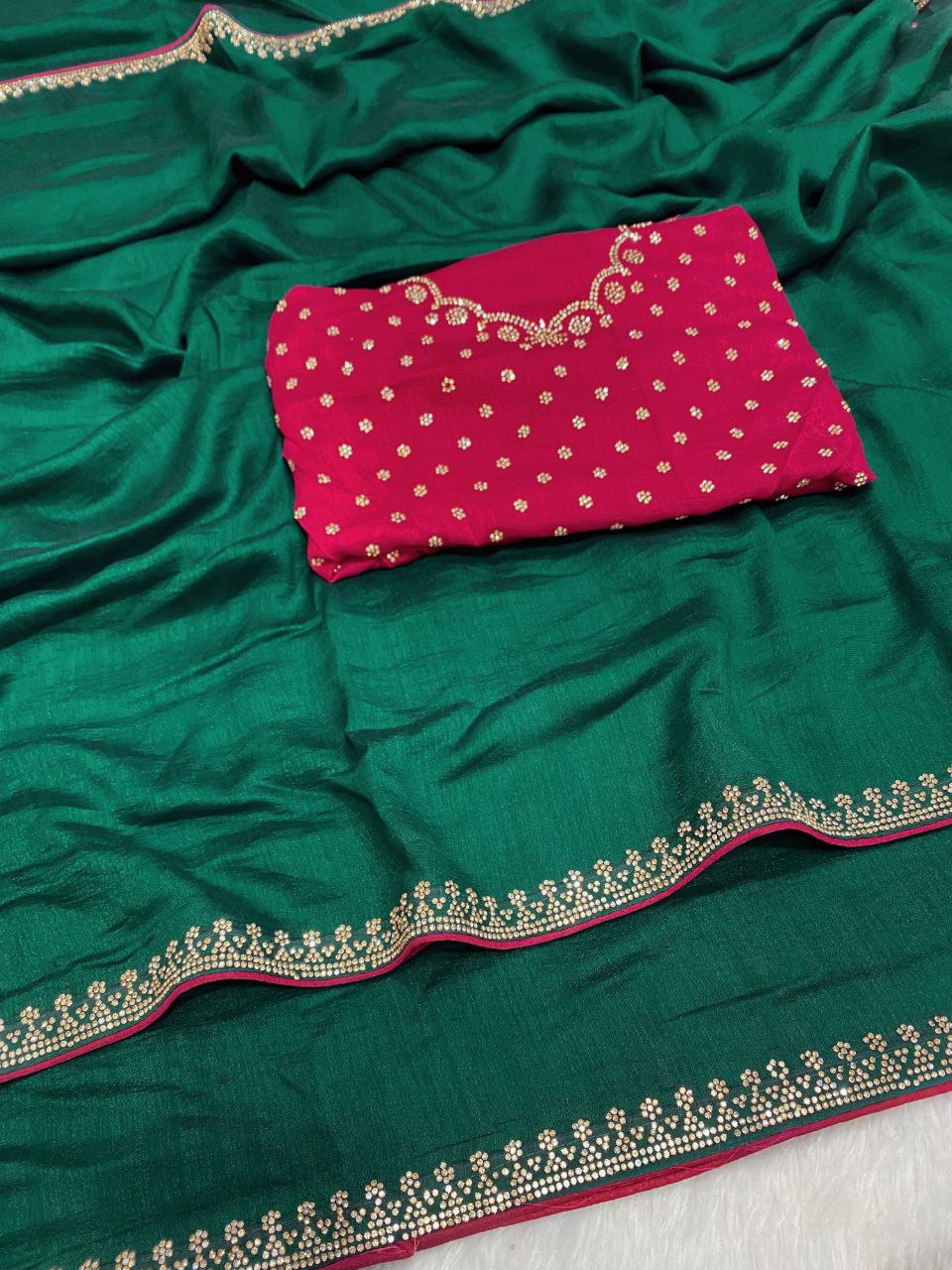 Elegant Vichitra Saree with Jharkan Border Work & Contrast Designer Blouse - GREEN