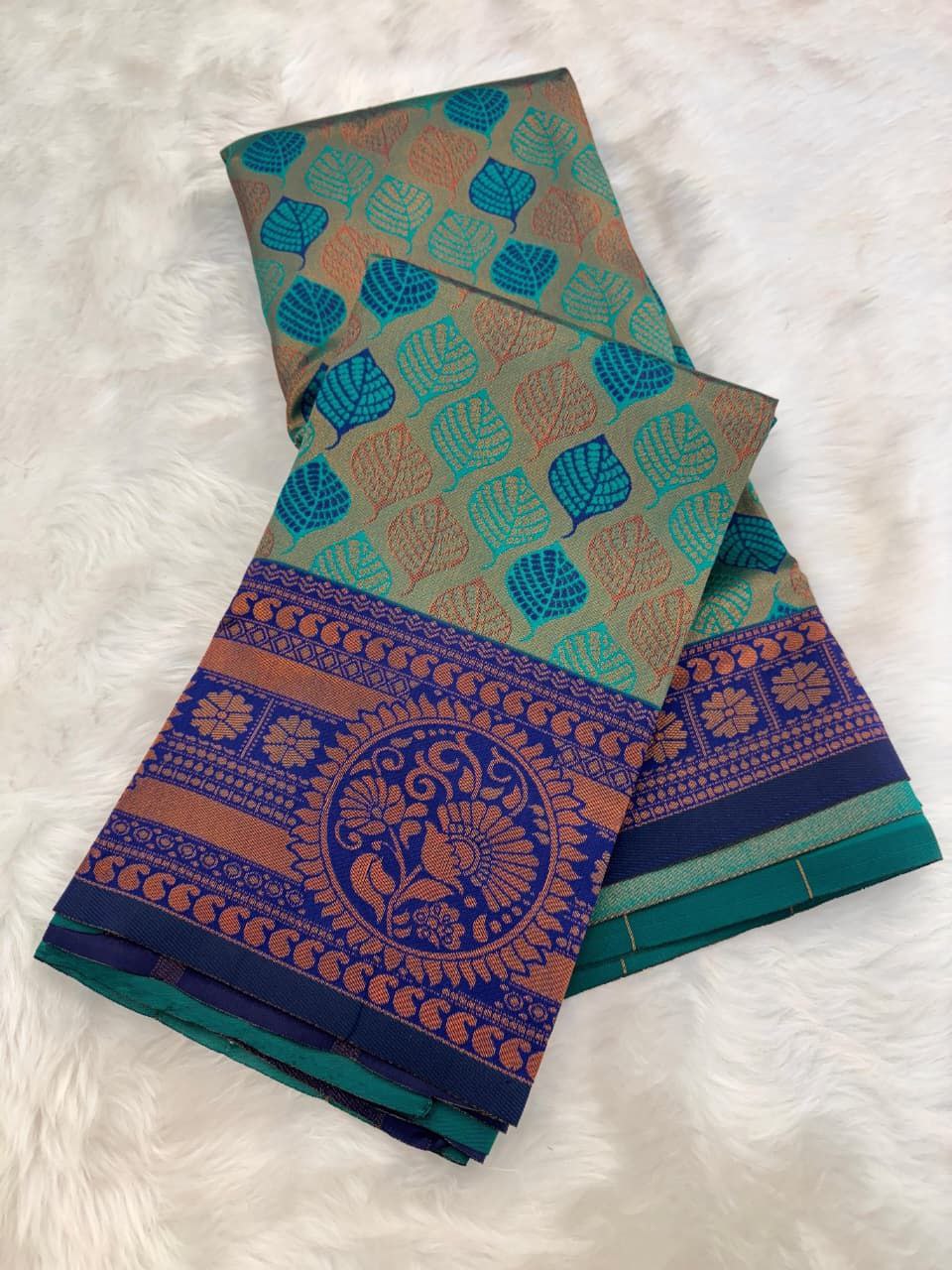 Elegant Floral Woven Saree with Intricate Heritage Border - SKY AND BLUE