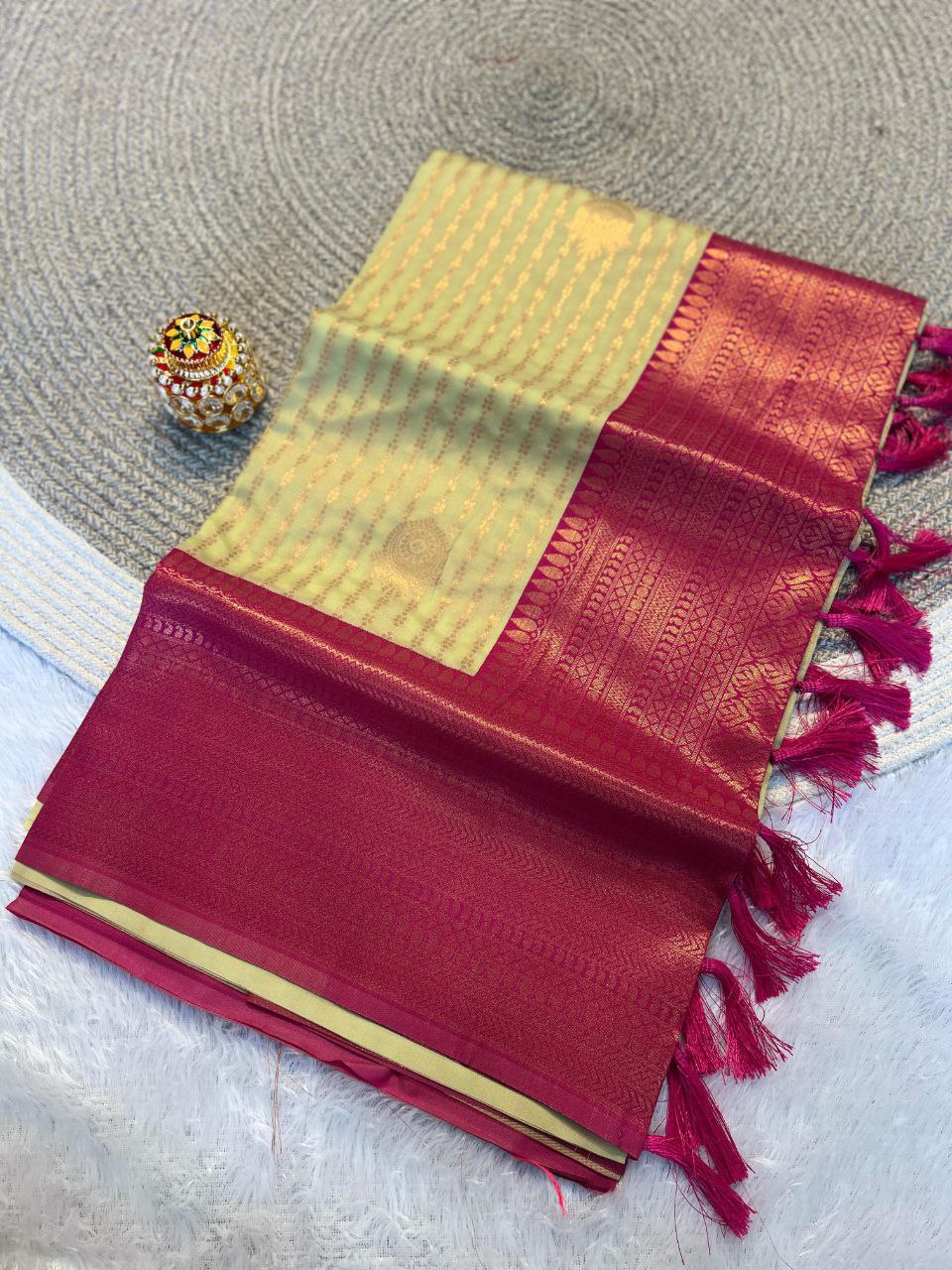 Radiant Pista & Rani Pink Kanchipuram Pattu Silk Saree with Rich Zari Border