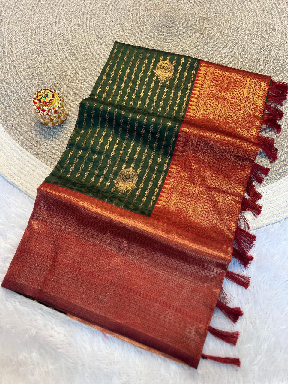 Radiant Lime Dark Green &  Maroon Kanchipuram Pattu Silk Saree with Rich Zari Border