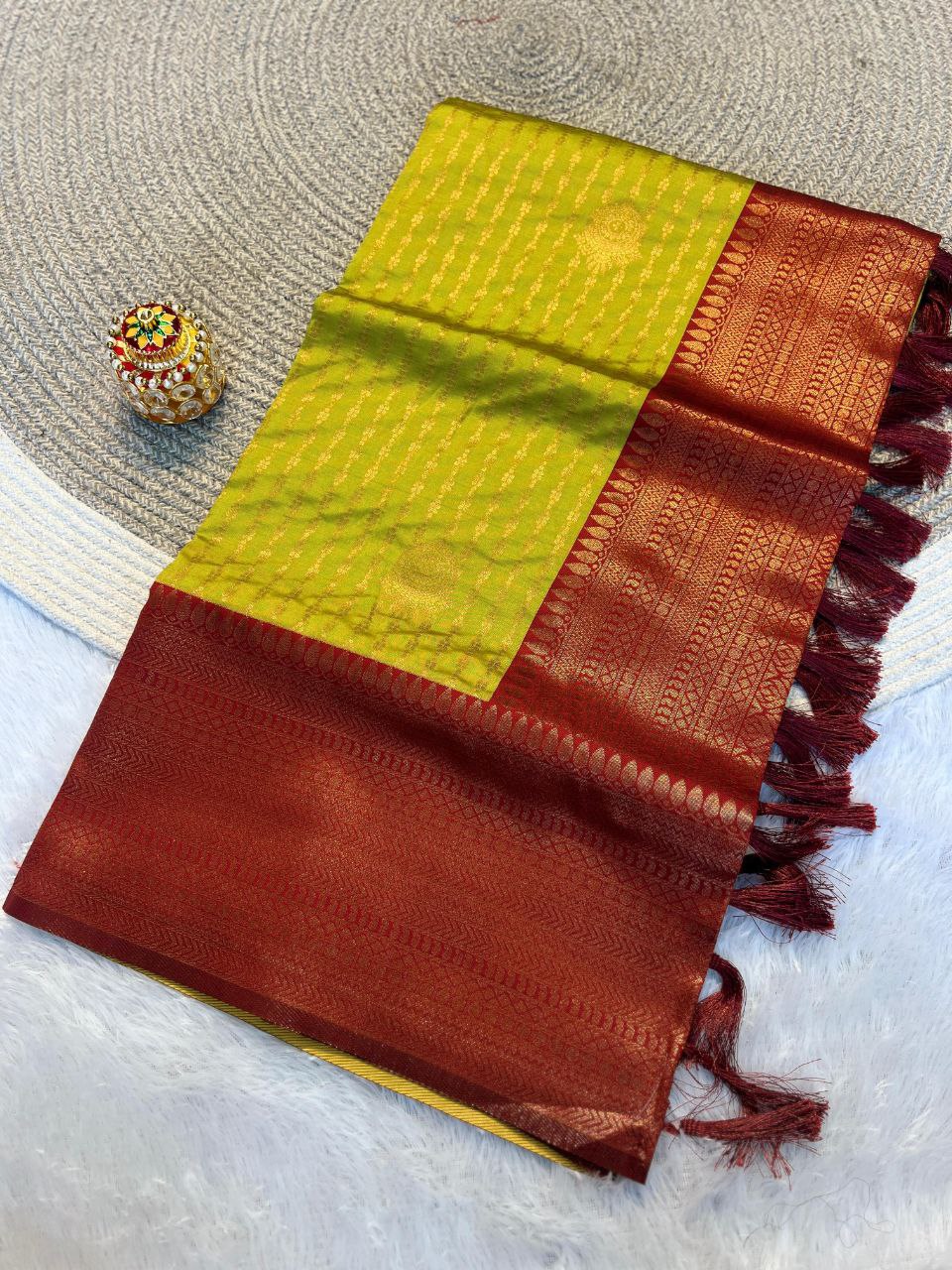 Radiant Lime Green & Maroon  Kanchipuram Pattu Silk Saree with Rich Zari Border