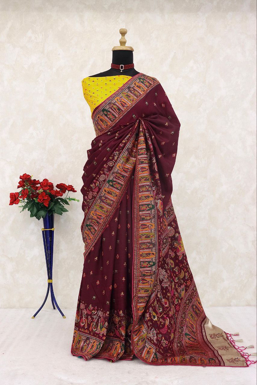Heritage Chronicle Art Weave Saree with Intricate Traditional Narrative Border - WINE