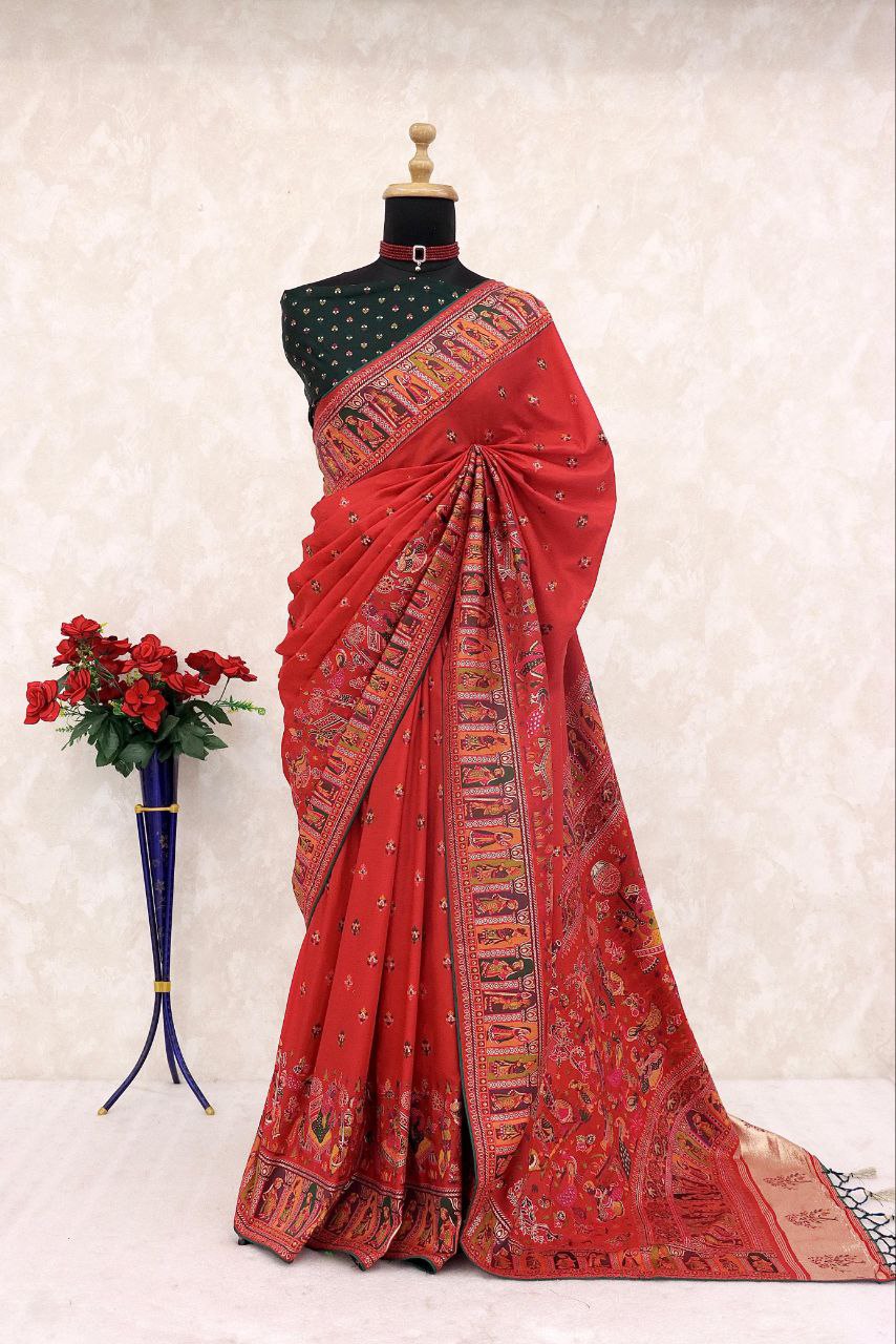 Heritage Chronicle Art Weave Saree with Intricate Traditional Narrative Border - RED