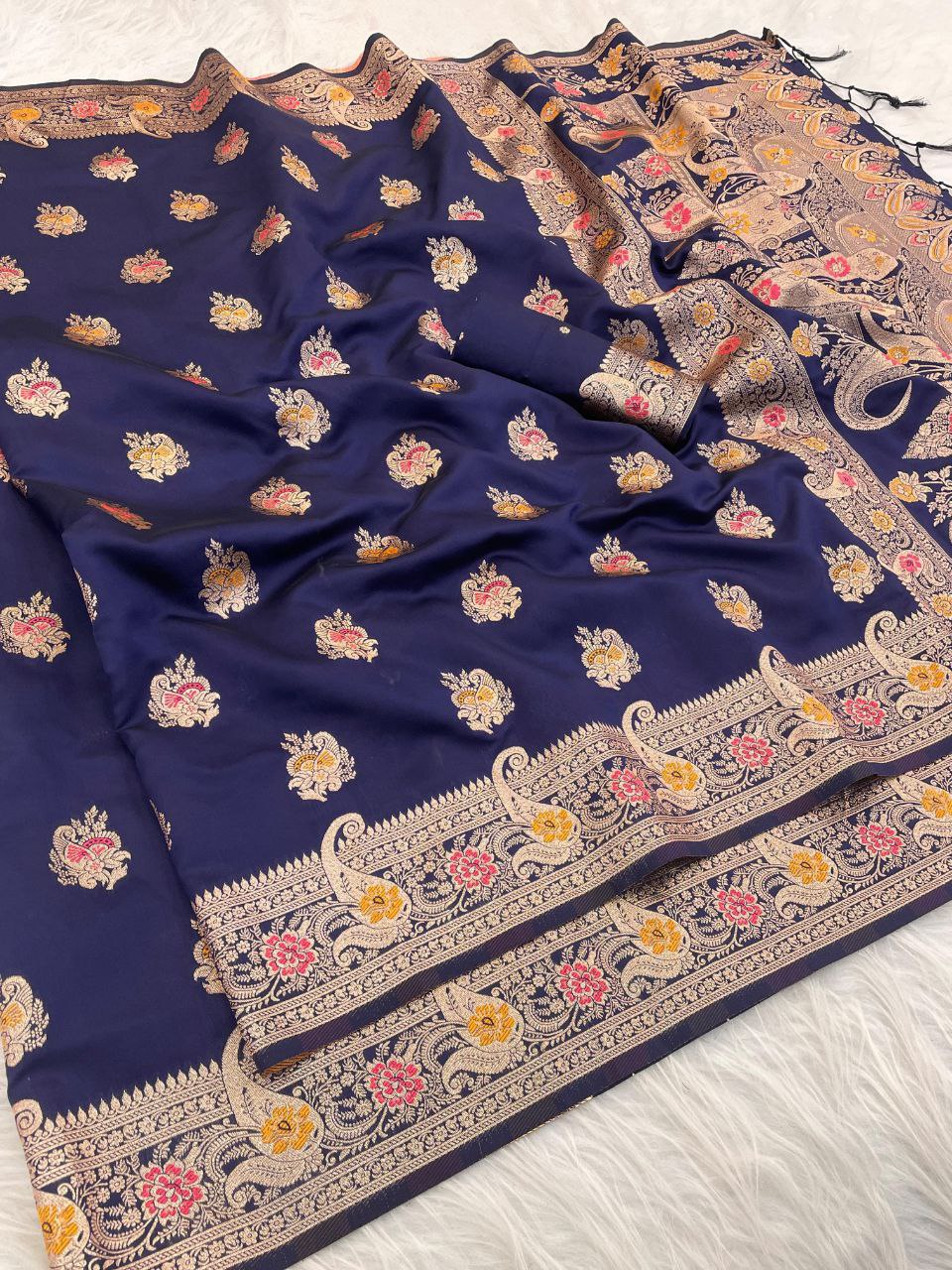 Elegant Kanjivaram Banarasi Soft Silk Saree with All Over Meena Work -BLUE