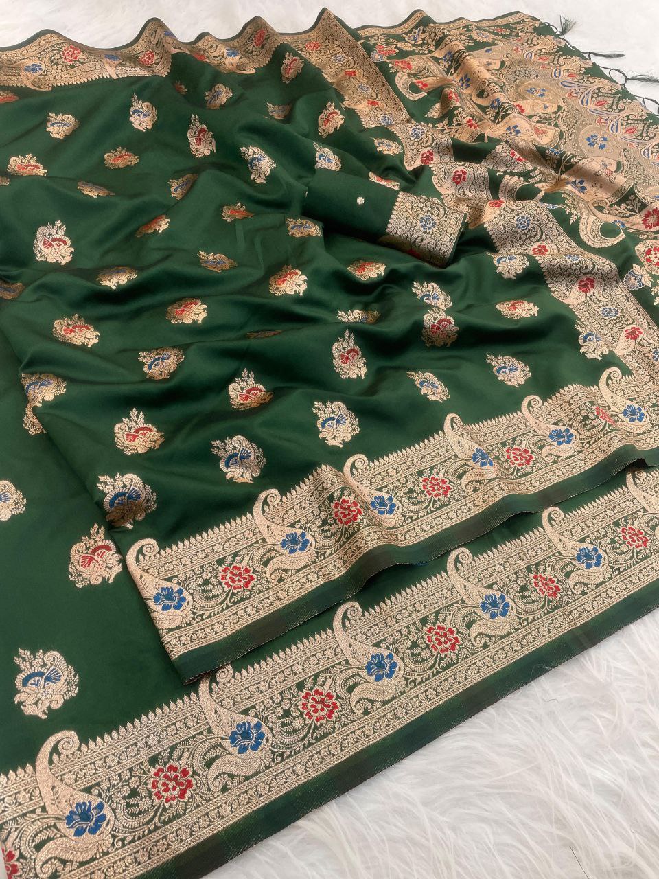 Elegant Kanjivaram Banarasi Soft Silk Saree with All Over Meena Work - GREEN