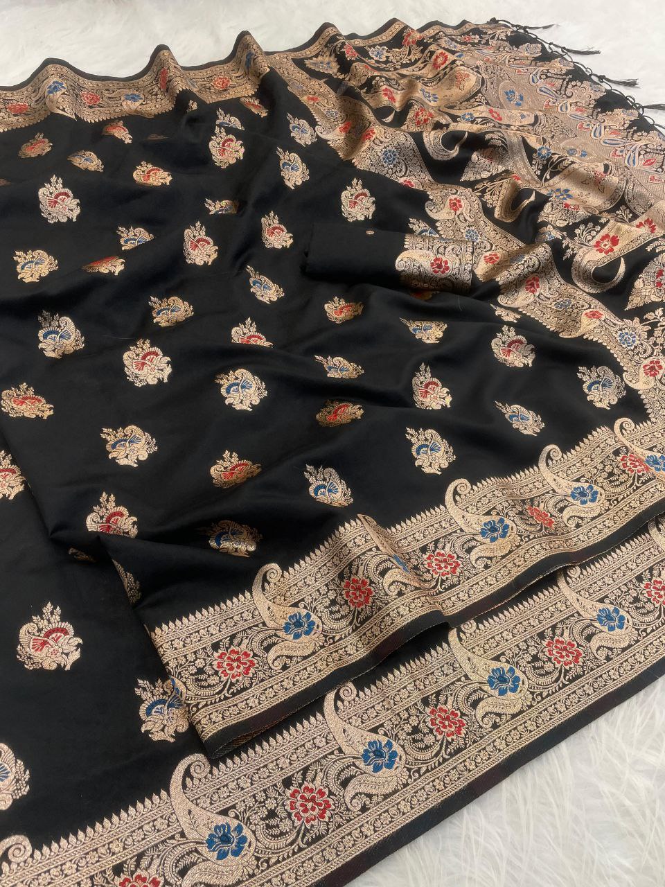 Elegant Kanjivaram Banarasi Soft Silk Saree with All Over Meena Work - BLACK
