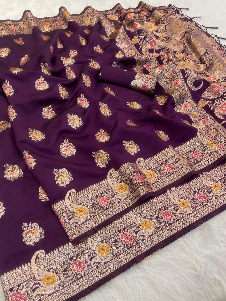 Elegant Kanjivaram Banarasi Soft Silk Saree with All Over Meena Work - WINE