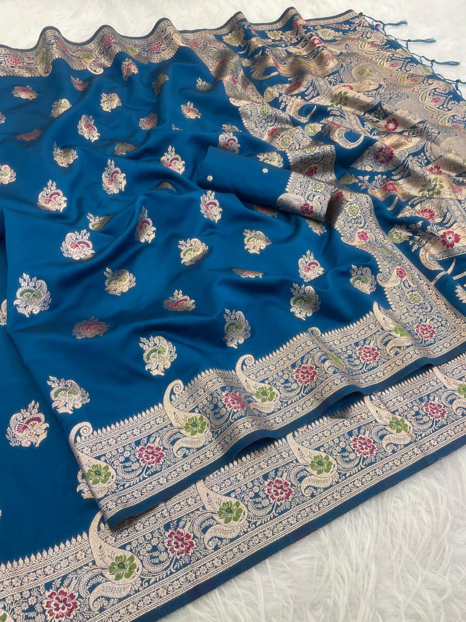 Elegant Kanjivaram Banarasi Soft Silk Saree with All Over Meena Work - SKY