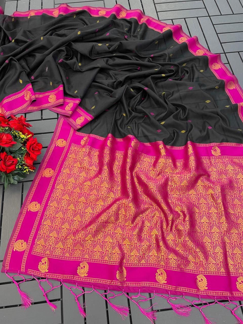 Elegant Kalyani Cotton Silk Saree with Gold Jari Weaving - BLACK