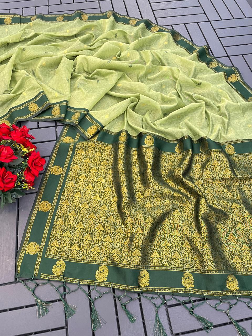 Elegant Kalyani Cotton Silk Saree with Gold Jari Weaving - GREEN