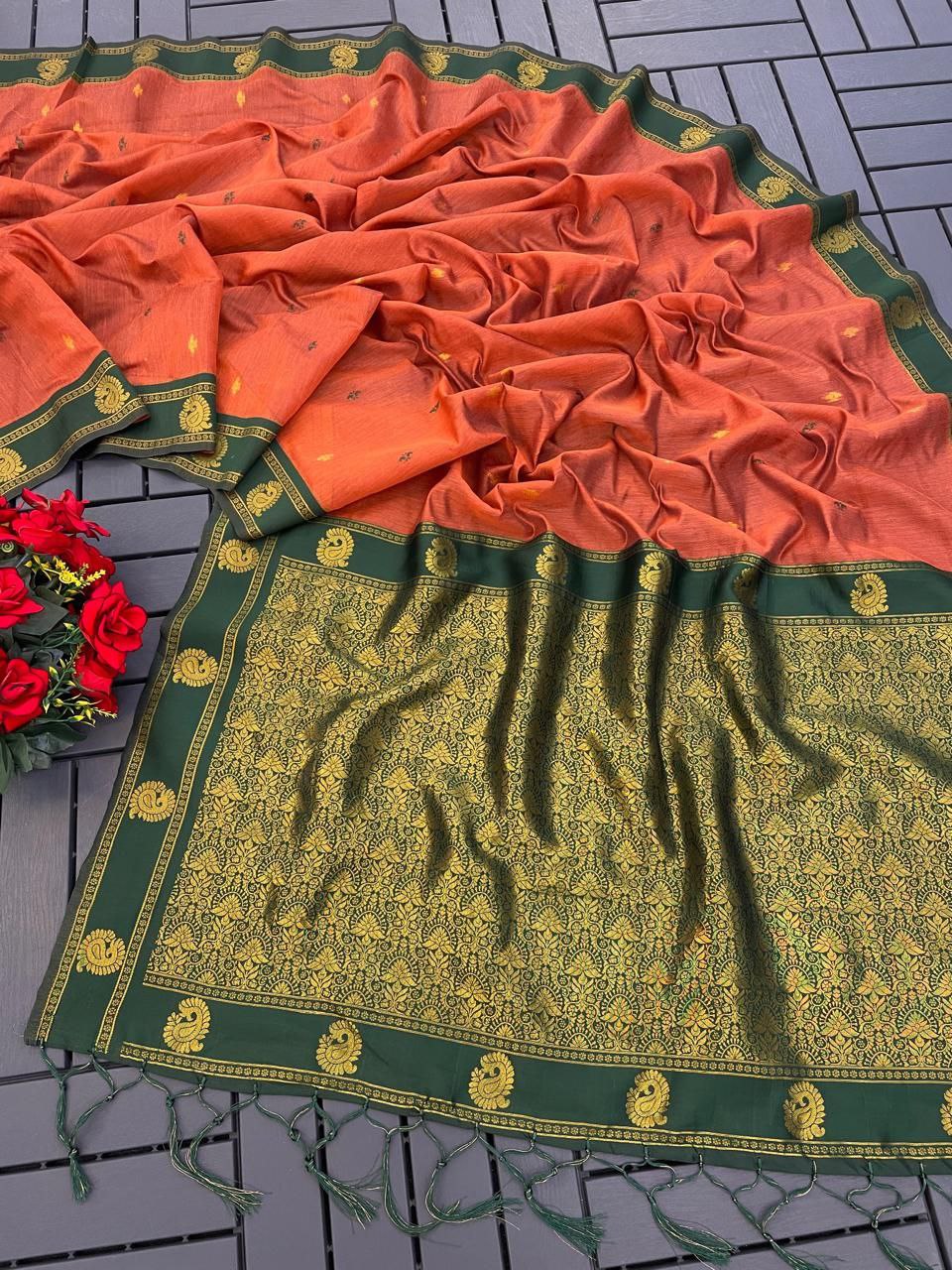 Elegant Kalyani Cotton Silk Saree with Gold Jari Weaving - ORANGE