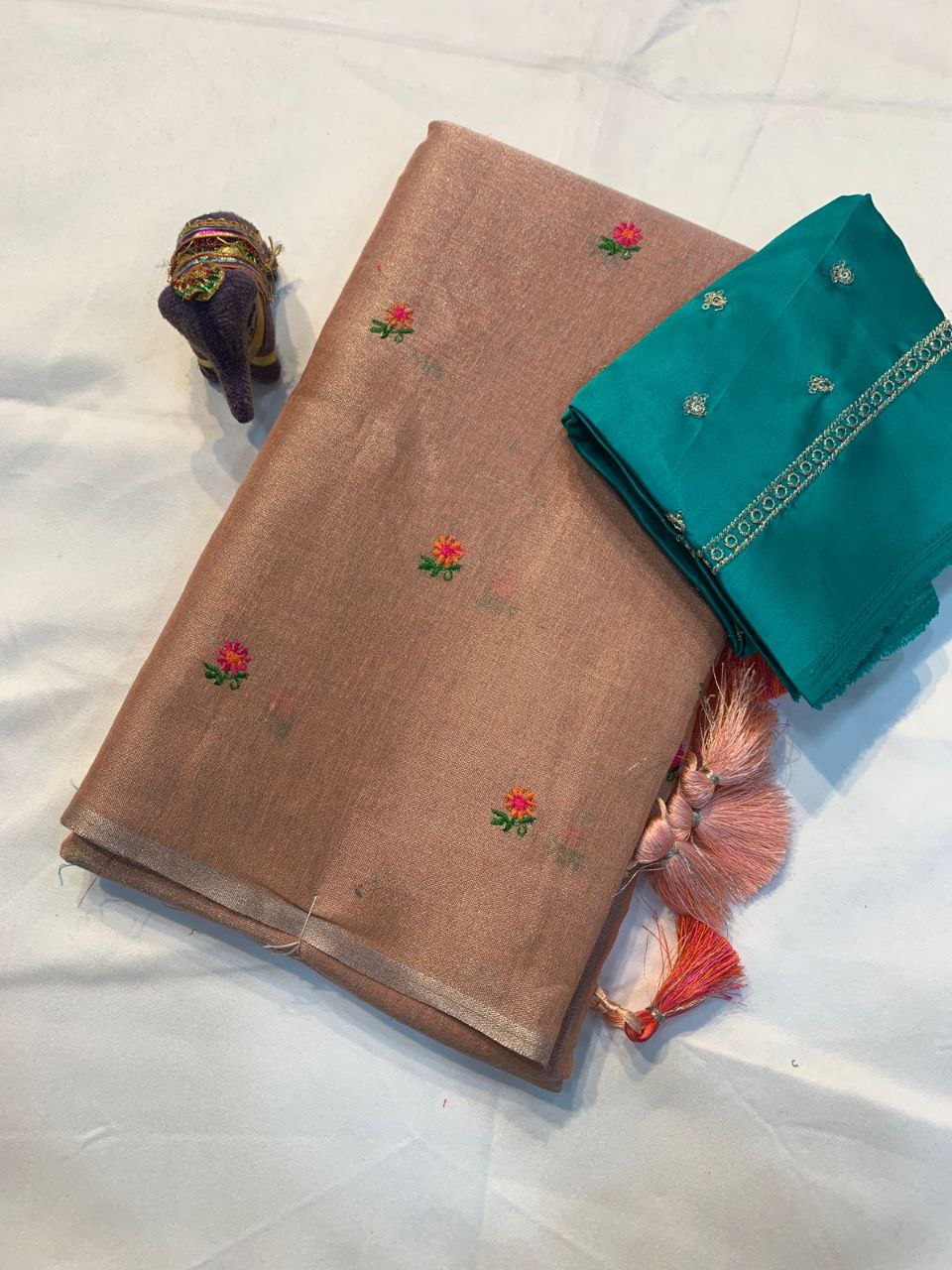 Rainbow Thread Work Linen Saree - BROWN