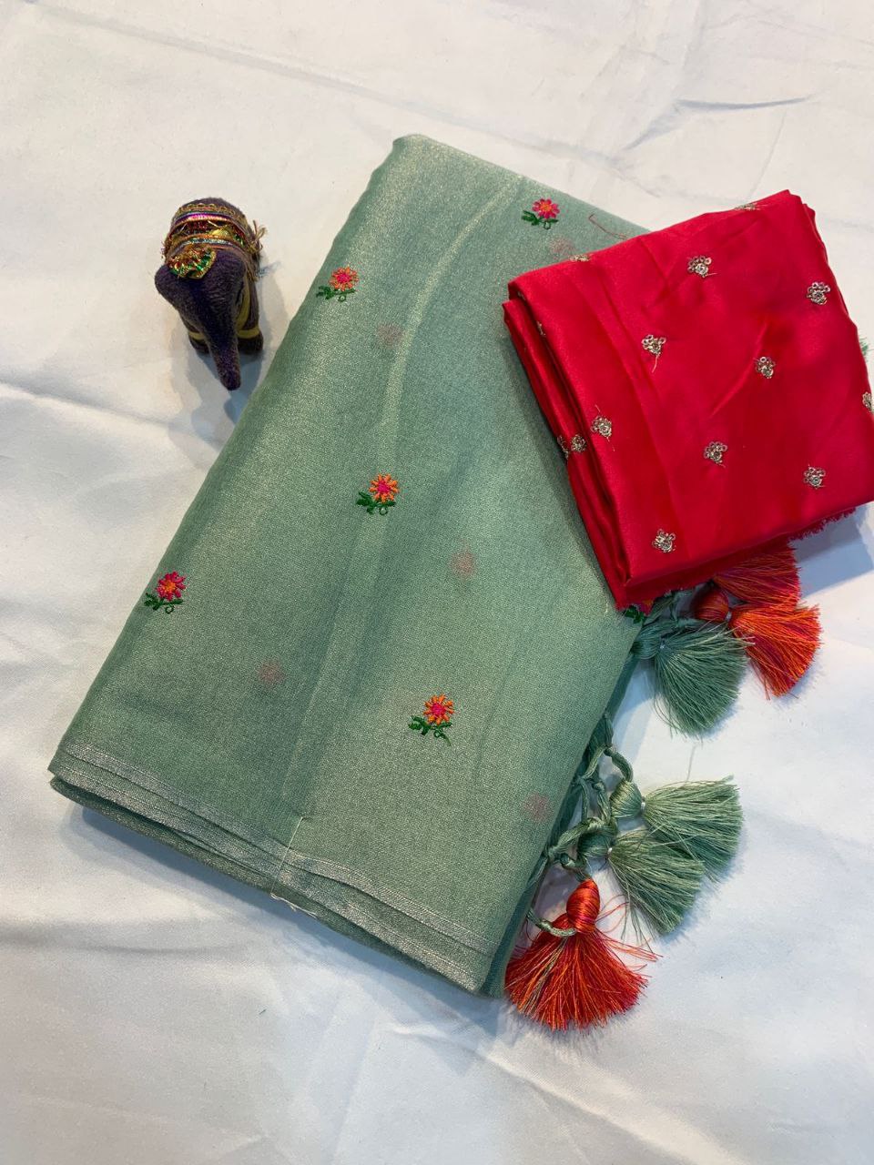 Rainbow Thread Work Linen Saree - PISTA