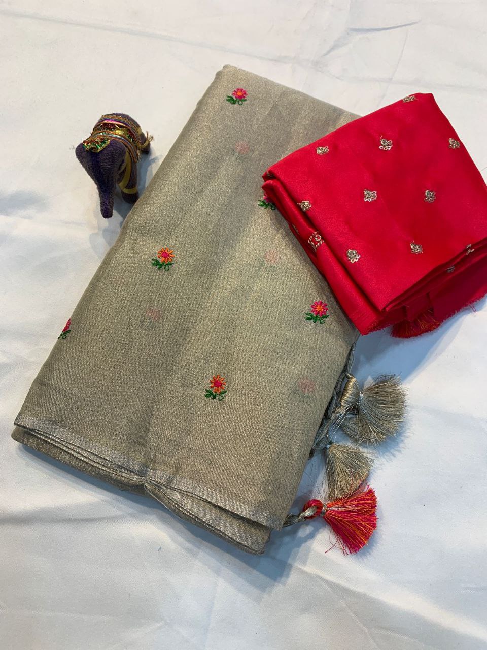 Rainbow Thread Work Linen Saree - CREAM