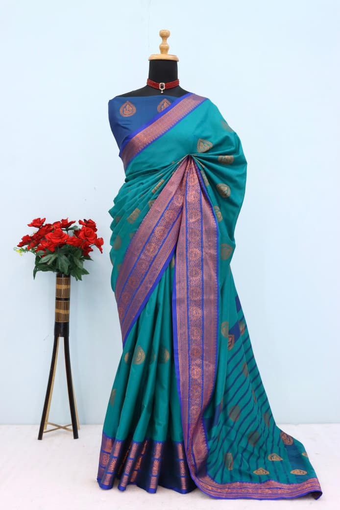 Royal Aqua Blue Banarasi Silk Saree with Contrast Purple Zari Border - RAMA