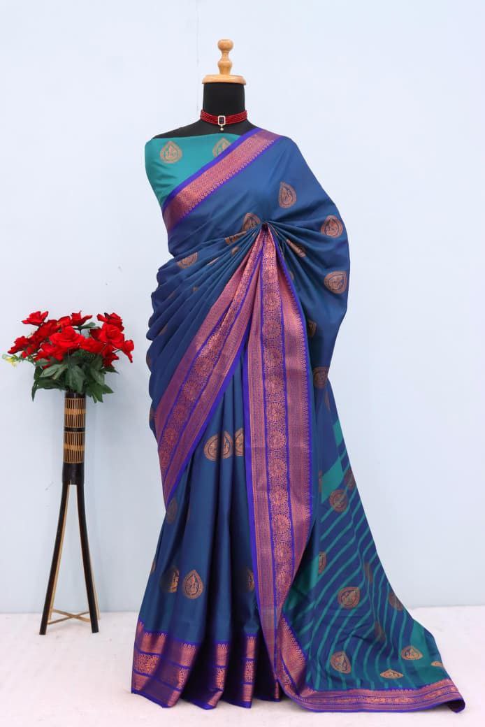 Royal Aqua Blue Banarasi Silk Saree with Contrast Purple Zari Border - BLUE