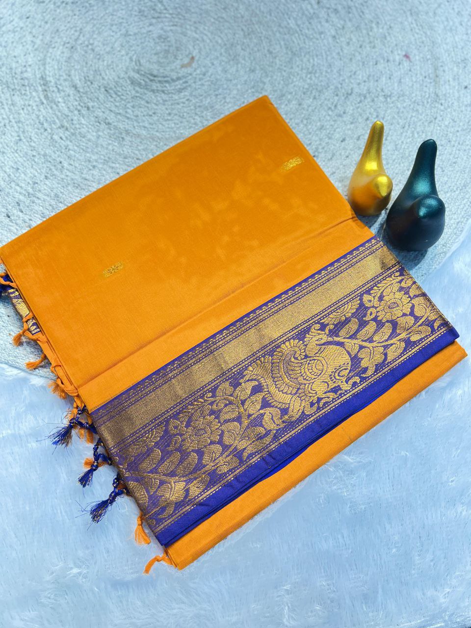 Mustard Gold Silk Saree with Blue Brocade Border - YELLOW