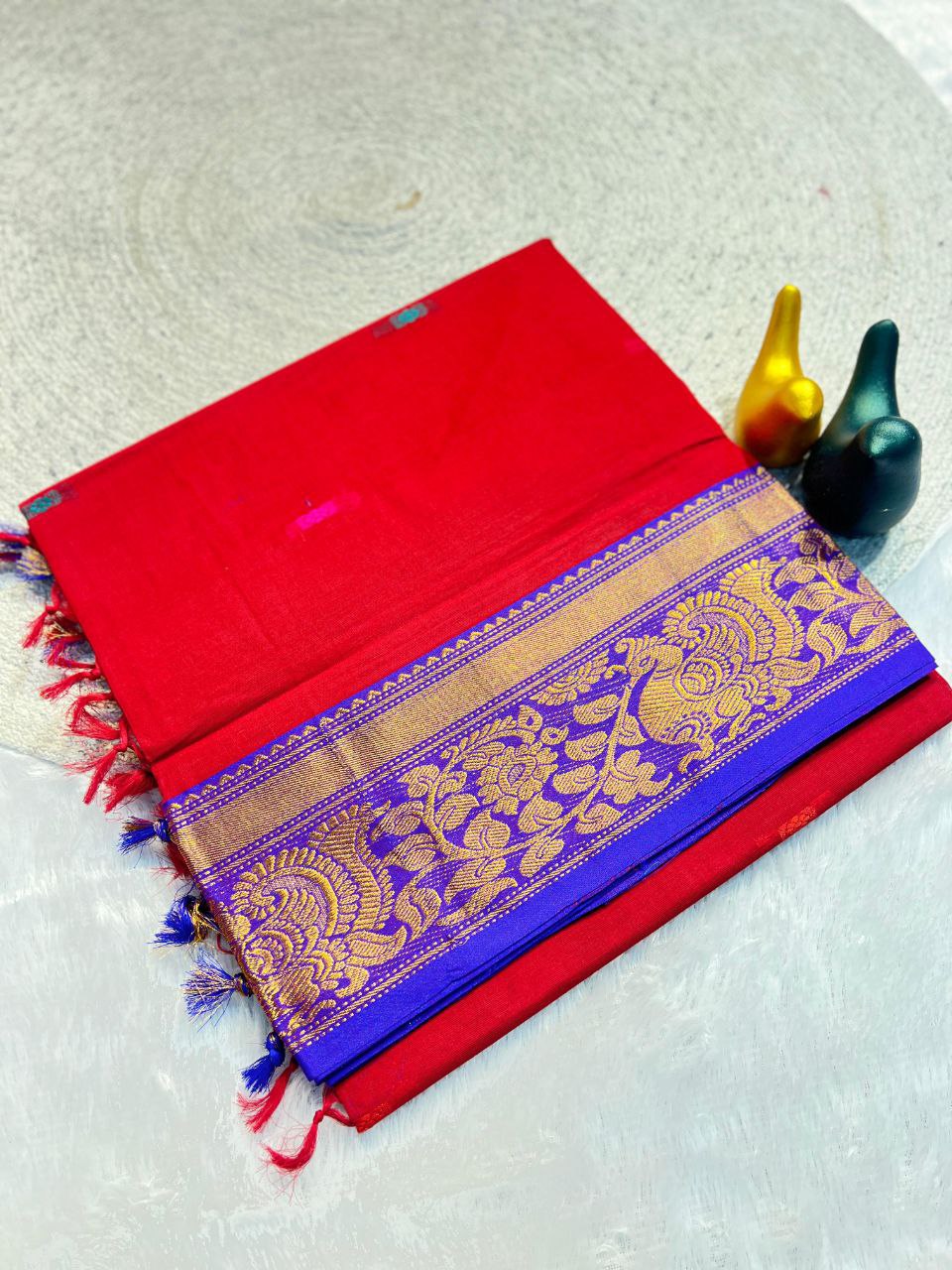 Mustard Gold Silk Saree with Blue Brocade Border - RED