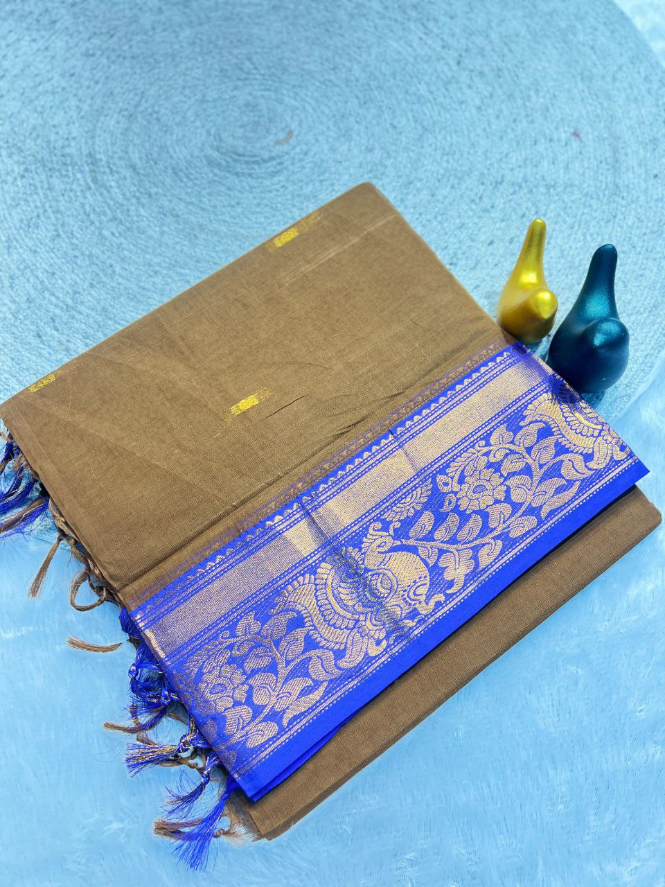 Mustard Gold Silk Saree with Blue Brocade Border - BEIGE