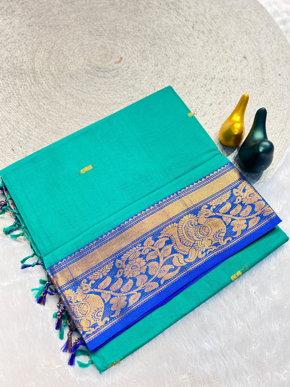 Mustard Gold Silk Saree with Blue Brocade Border - SKY