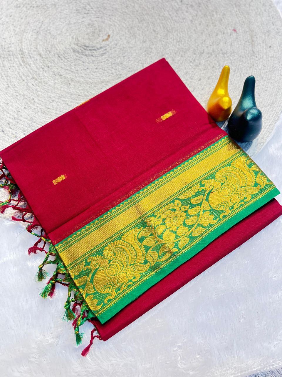 Mustard Gold Silk Saree with Blue Brocade Border - MAROON