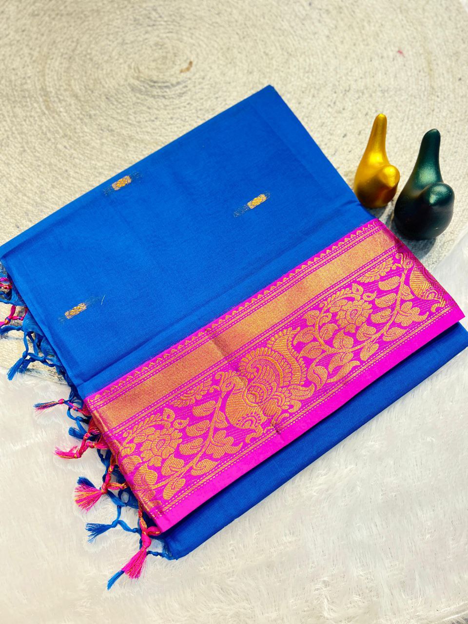 Mustard Gold Silk Saree with Blue Brocade Border - BLUE