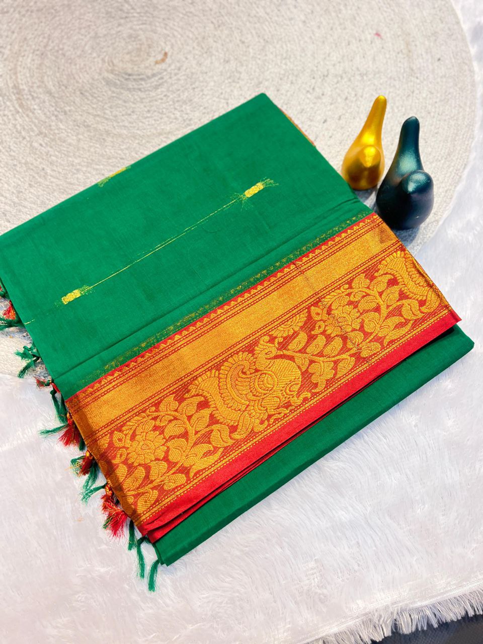 Mustard Gold Silk Saree with Blue Brocade Border - GREEN