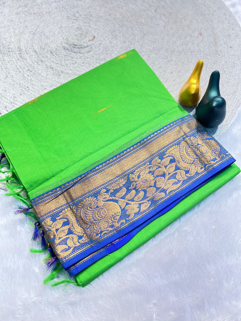 Mustard Gold Silk Saree with Blue Brocade Border - PERROT
