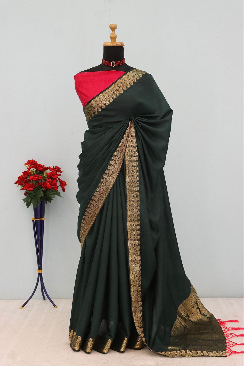 Majestic Emerald Traditional Silk Saree with Intricate Temple Zari Weaving -BLACK