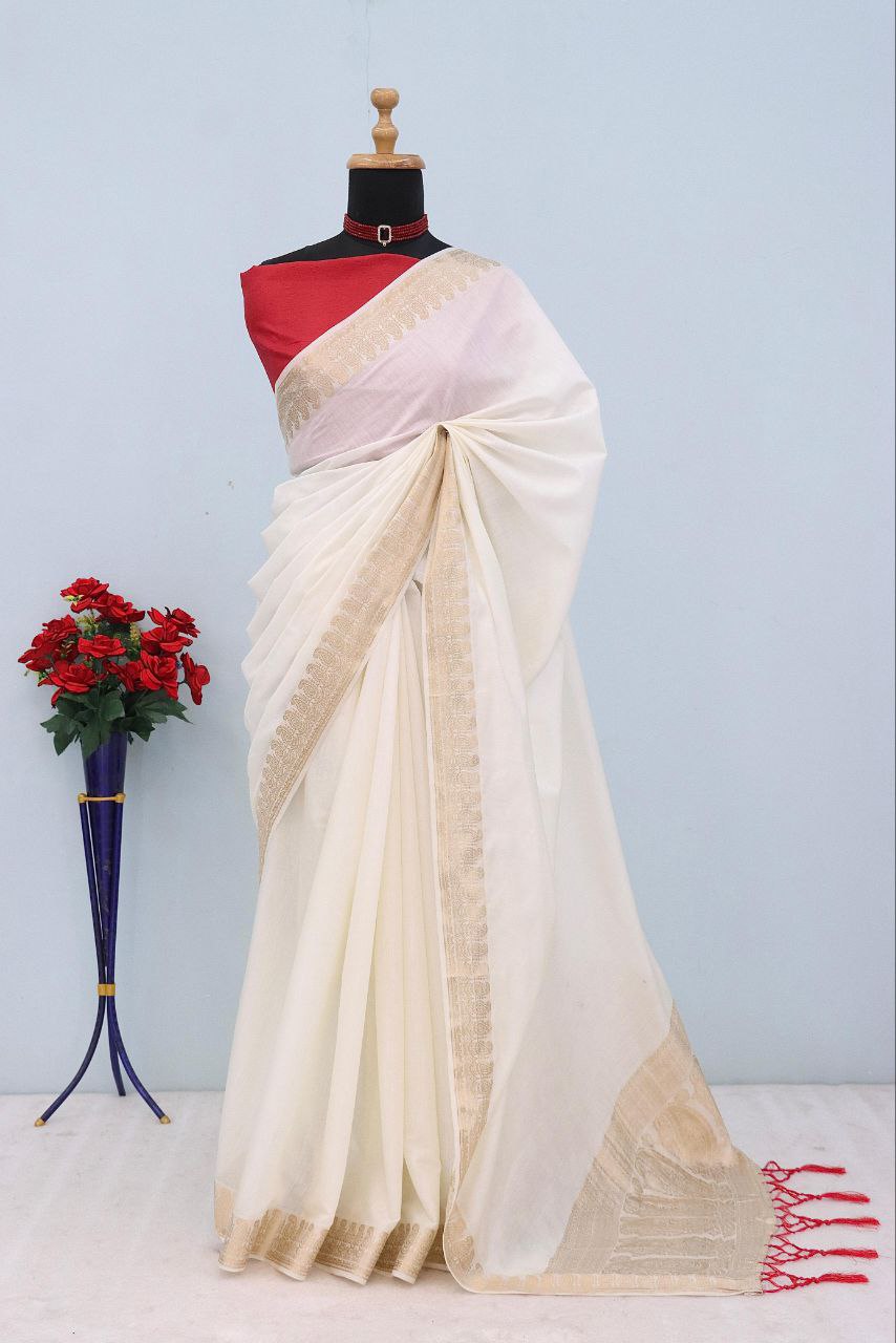 Majestic Emerald Traditional Silk Saree with Intricate Temple Zari Weaving -WHITE