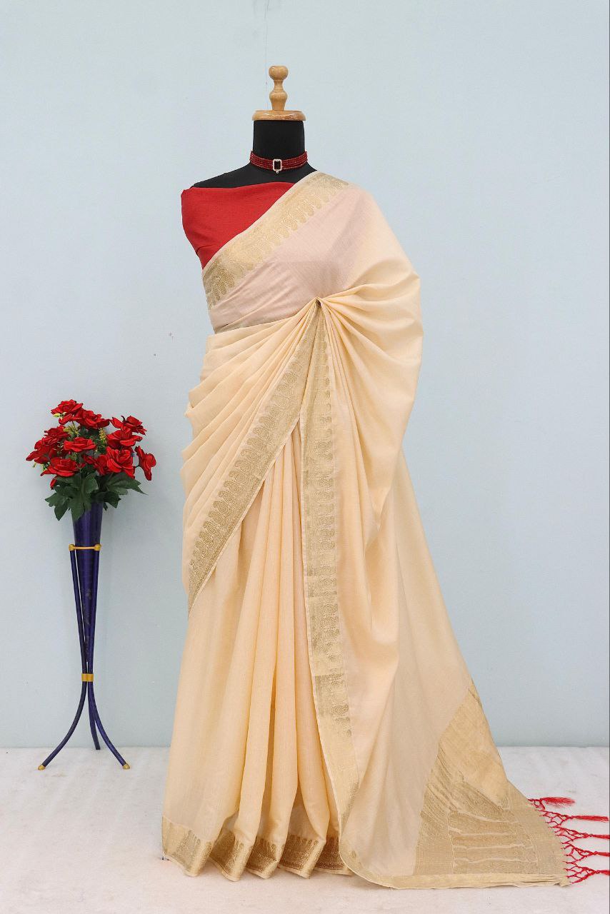Majestic Emerald Traditional Silk Saree with Intricate Temple Zari Weaving -CREAM