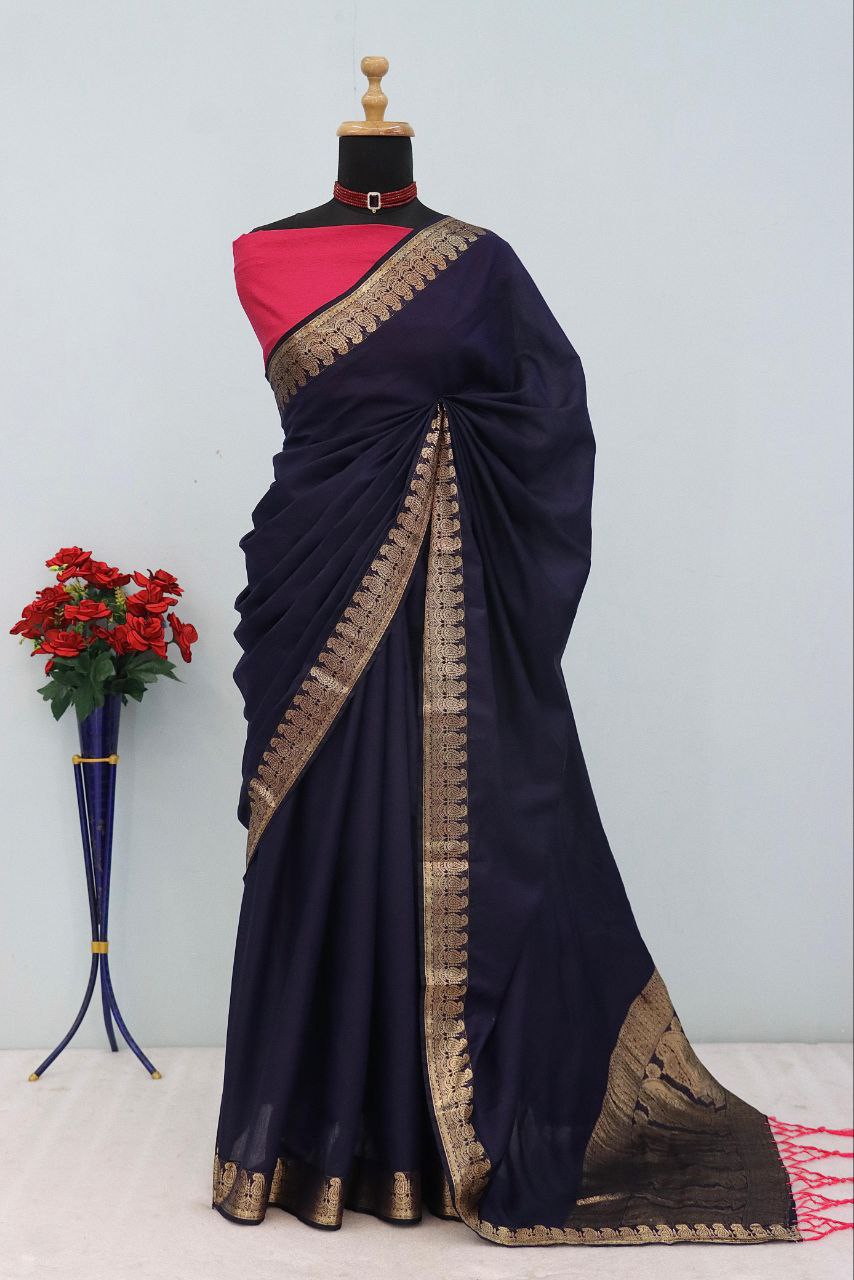 Majestic Emerald Traditional Silk Saree with Intricate Temple Zari Weaving -NAVY BLUE