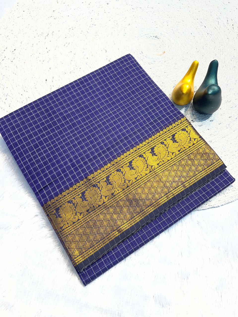 Graceful Checked Weave Saree with Traditional Woven Border - BLUE