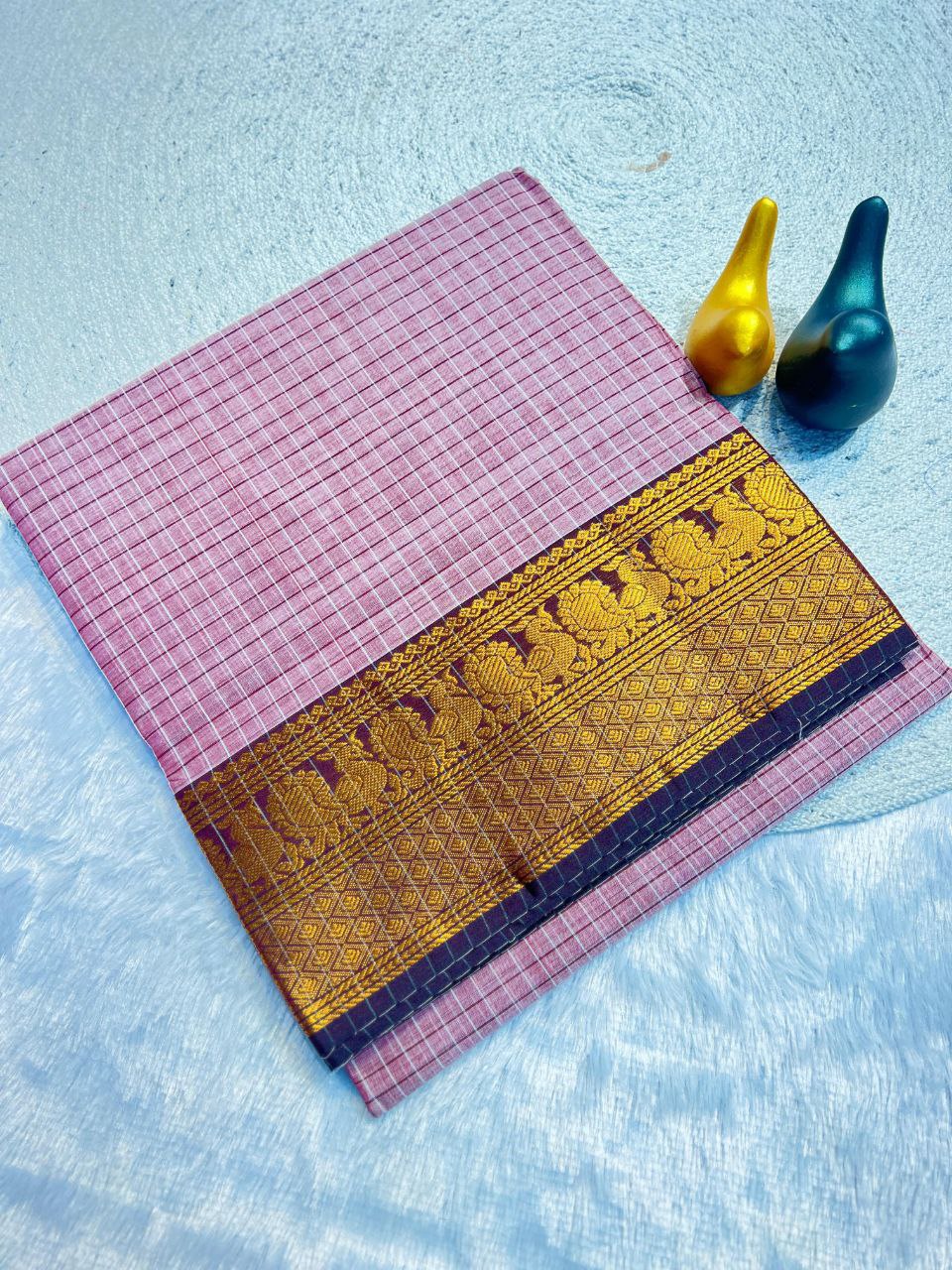 Graceful Checked Weave Saree with Traditional Woven Border - LIGHT PINK