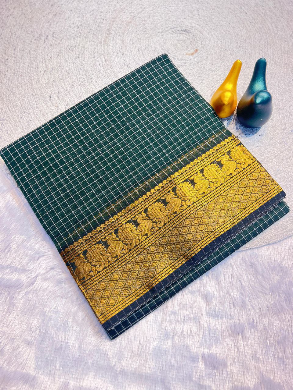 Graceful Checked Weave Saree with Traditional Woven Border - RAMA