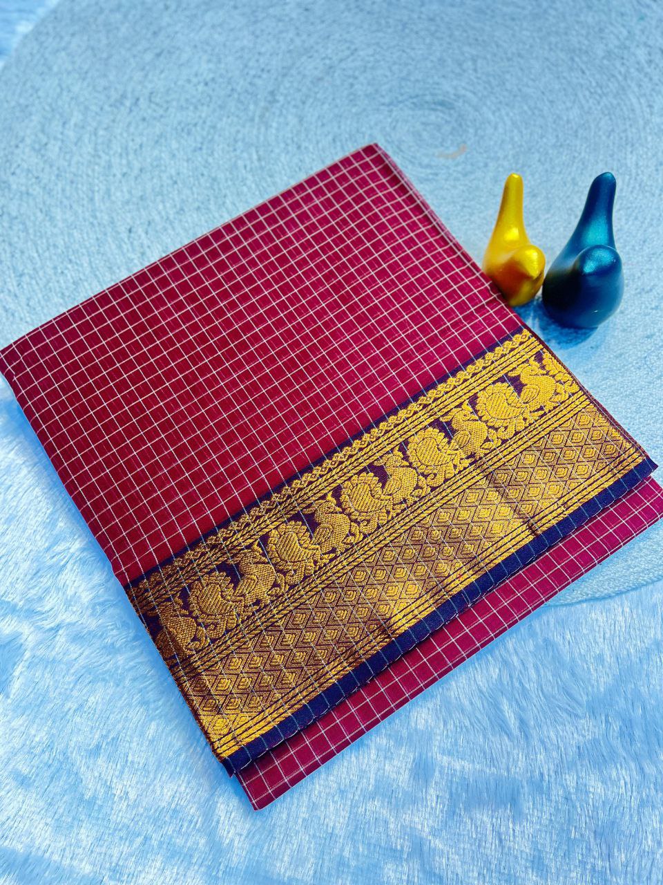 Graceful Checked Weave Saree with Traditional Woven Border - DARK PINK