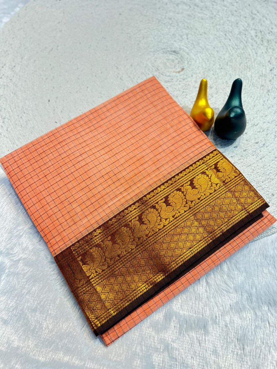Graceful Checked Weave Saree with Traditional Woven Border - PEACH