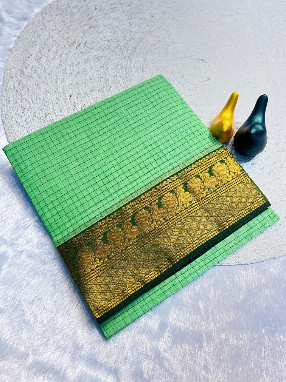Graceful Checked Weave Saree with Traditional Woven Border - PERROT