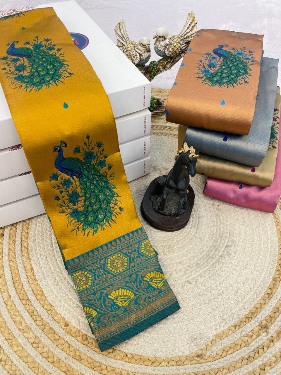 Maharani Mayura Premium Silk Saree with Regal Peacock Motifs and Heritage Woven Pallu - YELLOW
